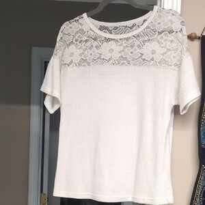 Waffle Knit And Lace Yoke Short Sleeve Women's Top